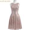 Kate Kasin Rose Gold Sequins Cocktail Dresses 2018 Knee Length Women Casual Party Short Dresses Robe de Cocktail Prom Gowns 1065