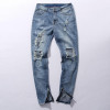 KANYE WEST Ripped Jeans Mens Fear Of God Boots Jeans men Blue Knee Hole Side Zipper Slim Distressed Jeans amy067
