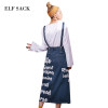 ELF SACK Women Denim Skirts Mixi Letter Prints Womens Hole Washed Denim Straight Skirts Female Strap Long Skirt Sexy Jeans Skirt