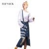 ELF SACK Women Denim Skirts Mixi Letter Prints Womens Hole Washed Denim Straight Skirts Female Strap Long Skirt Sexy Jeans Skirt