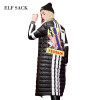 ELF SACK Winter Women Down Coats Fashion Letter Print Graffiti Long Outerwear Long-Sleeve Stripe Appliques Down Coats