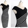 Elegant Women Summer V Neck Dress Black and white stripe Stitching Pencil Dresses Lady Knee-Length Party Bodycon Dress