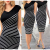 Elegant Women Summer V Neck Dress Black and white stripe Stitching Pencil Dresses Lady Knee-Length Party Bodycon Dress