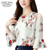2018 New flower printing Women Blouses shirt flare Sleeve Chiffon women's clothing casual V Collar bow women tops Blusas D278 30
