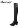 Kickway Women Winter Boots Stretch Slim Over Knee Boots With Fur Black Thigh High Boots Shoes Woman Round Toe crystal boots shoe