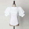 Puff Short Lantern Sleeve Blouse New Fashion Women Retro Back Buttons O-Neck Tops Female Vintage Cotton White Shirt