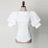 Puff Short Lantern Sleeve Blouse New Fashion Women Retro Back Buttons O-Neck Tops Female Vintage Cotton White Shirt