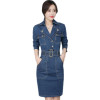 Autumn New 2017 Women Denim Dress Office Ladies Jeans Shirt Dress One-piece Dress With Belt For Women Pencil Elegant Jeans Dress