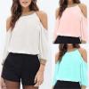 Stylish Women Summer Loose Casual off shoulder pullover round neck Shirts Nine Quarter Sleeve Ladies Chiffon Blouses one pieces