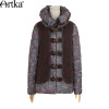Artka Women's Winter Printed Woolen Patchwork Down Outerwear Vintage Stand Collar Long Sleeve Horn Botton Down Coat DK10565D