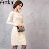 Artka Women's Autumn New Solid Color Knitting&amp;Lace Patchwork Embroidery Dress Slash Neck Long Sleeve Slim Fit Dress LA11151Q