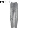 Artka Women's Autumn New Patch Pockets Ripped Jeans Vintage All-match Mid-waist Full Length Pencil Jeans KN11668Q
