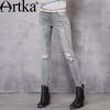 Artka Women's Autumn New Patch Pockets Ripped Jeans Vintage All-match Mid-waist Full Length Pencil Jeans KN11668Q