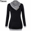 2018 Autumn Long Sleeve Kangaroo Pocket Women Hoodies Scarf Neck Casual Knitted Patchwork Pullovers Female Out Wear Tee Shirt