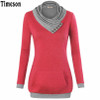 2018 Autumn Long Sleeve Kangaroo Pocket Women Hoodies Scarf Neck Casual Knitted Patchwork Pullovers Female Out Wear Tee Shirt