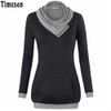 2018 Autumn Long Sleeve Kangaroo Pocket Women Hoodies Scarf Neck Casual Knitted Patchwork Pullovers Female Out Wear Tee Shirt