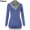 2018 Autumn Long Sleeve Kangaroo Pocket Women Hoodies Scarf Neck Casual Knitted Patchwork Pullovers Female Out Wear Tee Shirt