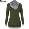 2018 Autumn Long Sleeve Kangaroo Pocket Women Hoodies Scarf Neck Casual Knitted Patchwork Pullovers Female Out Wear Tee Shirt