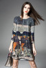 2018 100% Real Silk Dress Women Spring Summer Vintage A-line Printing Loose Plus Size Dresses Top Quality Three Quarter Sleeves
