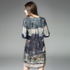 2018 100% Real Silk Dress Women Spring Summer Vintage A-line Printing Loose Plus Size Dresses Top Quality Three Quarter Sleeves