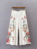 2017ss New Woman Fashion White Culottes with floral print Side zip Wide LEG LOOSE Cropped Trousers