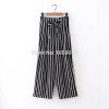 2017SS New Woman Fashion Black White Striped Wide Leg Cropped Trousers Elastic Waist with bow tied Loose Pants