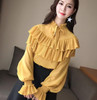 2018 Spring long lantern sleeve stand collar ruffles chiffon shirts women casual loose ruffles blouses women bow tie chiffon top