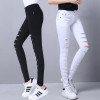 BerylBella Women Jeans 2017 Summer Style White Hole Ripped High Waist Stretch Pencil Pants Capris Female Skinny Casual Jeans