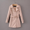 Free shipping casual Women Korean Institute of wind long section turn down collar zip solid color Slim thin belt leather jacket