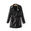 Free shipping casual Women Korean Institute of wind long section turn down collar zip solid color Slim thin belt leather jacket