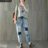 DIMANAF Plus Size Harem Jeans Pants Women Patch Summer Elastic Waist Scratched Loose Pants Hole Trousers Vintage Blue Jeans 3XL