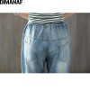 DIMANAF Plus Size Harem Jeans Pants Women Patch Summer Elastic Waist Scratched Loose Pants Hole Trousers Vintage Blue Jeans 3XL
