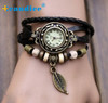 Design HOT! 1PC Womens Bracelet Vintage Weave Wrap Quartz Leather Leaf Beads Wrist Watches Fabulous