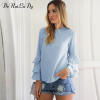 DeRuiLaDy Women Elegant Butterfly Sleeve Chiffon Tiered Blouse Shirt Autumn Female Long Sleeve O-Neck Blouses Casual Loose Tops