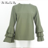 DeRuiLaDy Women Elegant Butterfly Sleeve Chiffon Tiered Blouse Shirt Autumn Female Long Sleeve O-Neck Blouses Casual Loose Tops