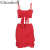 Glamaker Ruffle halter women dress vestidos Sexy v nerk party dress summer Bow tie bodycon mini dress female two piece dresses