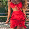 Glamaker Ruffle halter women dress vestidos Sexy v nerk party dress summer Bow tie bodycon mini dress female two piece dresses