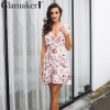 Glamaker Floral summer dress women Sexy boho deep v neck sundress casual dress Short sleeveless beach dress vestidos club party