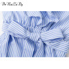 DeRuiLaDy 2018 Women summer Casual dress Ruffles V Neck Sleeveless high Waist Slim Blue Striped Dresses Sexy Backless Vestidos