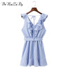 DeRuiLaDy 2018 Women summer Casual dress Ruffles V Neck Sleeveless high Waist Slim Blue Striped Dresses Sexy Backless Vestidos