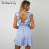 DeRuiLaDy 2018 Women summer Casual dress Ruffles V Neck Sleeveless high Waist Slim Blue Striped Dresses Sexy Backless Vestidos