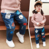 Children denim Pants girls plus velvet jeans 2018 baby kids cartoon leggings winter children's clothes girl cotton loose trouser