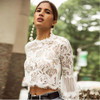 2018 fashion summer Boho mini blouse long puff sleeve crop tops sexy perspective o-neck white Lace blouses ladies casual shirts