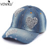 VONRU Brand New Crystal Baseball Cap Women Heart Shape Rhinestones Vintage Jean Cotton Baseball Caps for Female Hot Sale