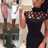 Autumn High Neck Hollow Out Evening Party Mini Dress Sexy Short Sleeve Women Bodycon Bandage Dresses