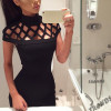 Autumn High Neck Hollow Out Evening Party Mini Dress Sexy Short Sleeve Women Bodycon Bandage Dresses