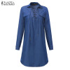 Autumn Denim Dress 2017 ZANZEA Women Mini Dress Long Sleeve Turn Down Collar Bandage Lace Up Dresses Sexy Ladies Vestidos