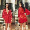 2016 Hot Sale Fashion Sexy Lace Deep-V Satin Female Nightgown Plus Size Women Sleepwear Sexy Sleepwear