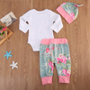 Autumn Winter Newborn Baby Kid Girl Little Sister Long Sleeve Romper + Floral Long Pants Hat 3PCS Outfits Set Clothes