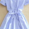 2018 Elegant Office Summer Dress Shirt Elegant Blue Stripped Cotton Turn Down Collar Wear to Work Shirts Women Dresses #BD728